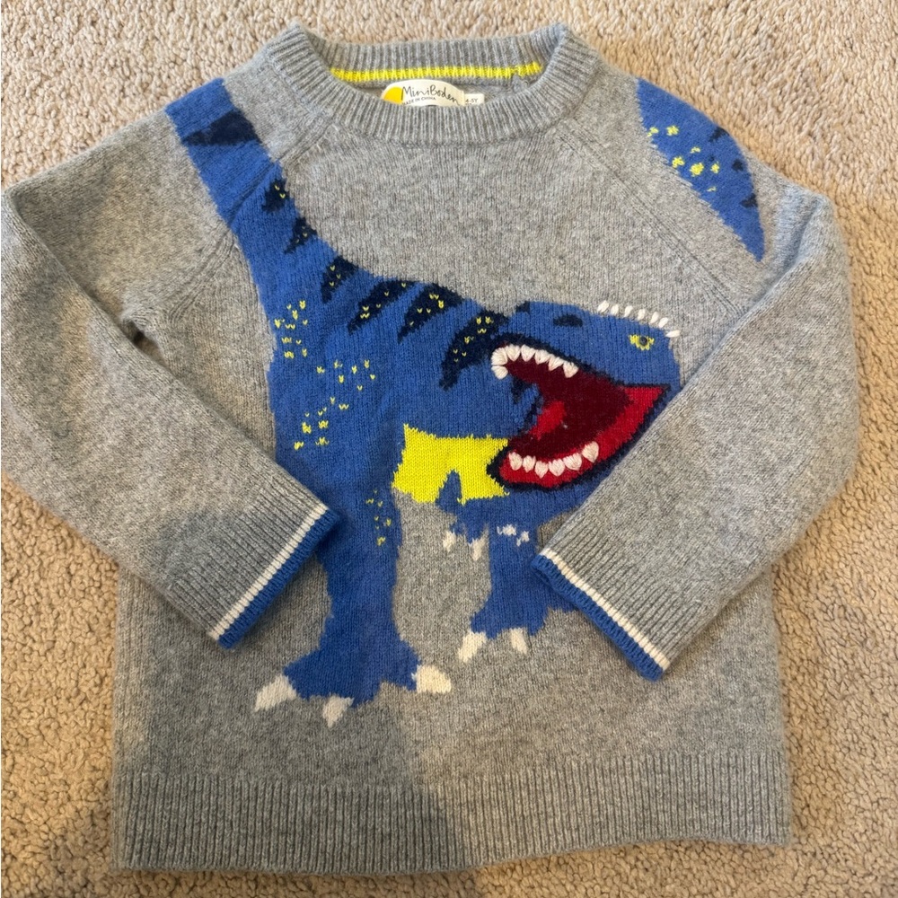 Mini Boden Gray Sweater with Blue Dinosaur Wool Blend EUC 5T